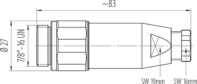 Disegno in scala 7/8" Connettore cavo maschio, Numero poli: 2+PE, 6,0-8,0 mm, non schermato, morsetto a vite, IP67, UL 2238, VDE