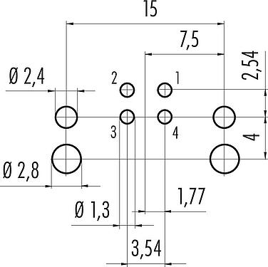 Conductor layout M12 Male angled panel mount connector, Contacts: 4, unshielded, THR, IP68, UL 2238, Rear mounting, for PCB assembly, two-part design