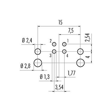 Disposition du conducteur M12 Embase mâle, coudé, Contacts: 4, non blindé, THR, IP68, UL 2238, Montage mural arrière, pour assemblage PCB, conception en deux parties