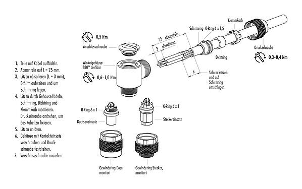 Montageanleitung M9 Winkelstecker, Polzahl: 5, 3,5-5,0 mm, schirmbar, löten, IP67