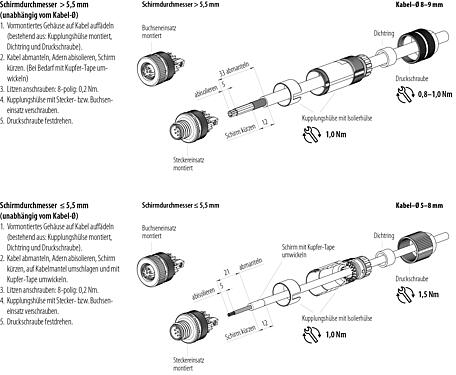 Montageanleitung M12 Kabelstecker, Polzahl: 8, 5,0-8,0 mm, schirmbar, schraubklemm, IP67, UL 2238, Irisfeder
