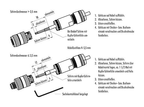 Montageanleitung M8 Kabelstecker, Polzahl: 4, 4,0-5,5 mm, schirmbar, schraubklemm, IP67, Irisfeder