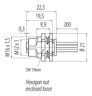 Bản vẽ tỷ lệ M12 Ổ cắm gắn bảng, Số lượng cực : 5, không có chống nhiễu, dây đơn, IP68, UL 2238, M16x1,5, Chốt trung tâm