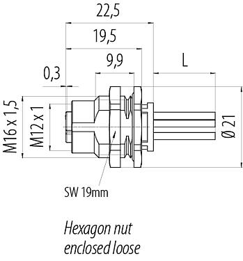 Scale drawing M12 Female panel mount connector, Contacts: 5, unshielded, single wires, IP68, UL 2238, M16x1.5, Rear mounting