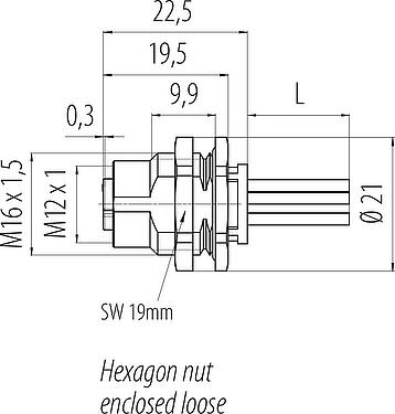 Dibujo a escala M12 Toma de brida, Número de contactos: 5, sin blindaje, hilos, IP68, UL 2238, M16x1,5, Montaje en pared