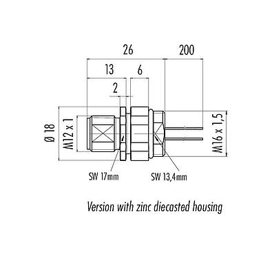 Dessin coté M12 Embase mâle, Contacts: 4, non blindé, fils, IP68, UL 2238, M16x1,5, Montage frontal, Alignement de codage positionnable
