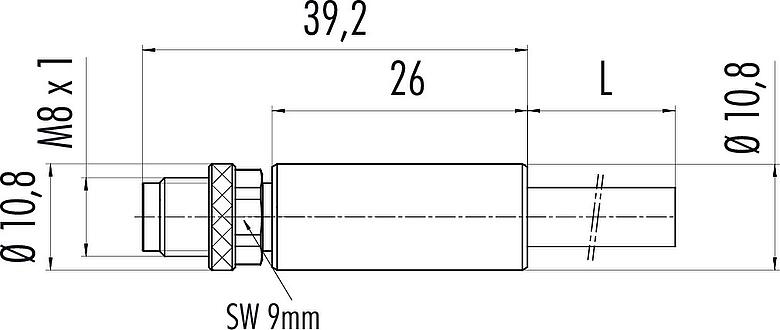 Mittakaavapiirustus M8 Kaapelipistoke, Napojen määrä: 3, suojattu, suihkutettu kaapelille, IP67, UL 2238, PVC, harmaa, 3 x 0,34 mm², 5 m