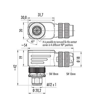 Scale drawing M12 Male angled connector, Contacts: 5, 4.0-6.0 mm, shieldable, screw clamp, IP67, UL 2238, with shielding ring