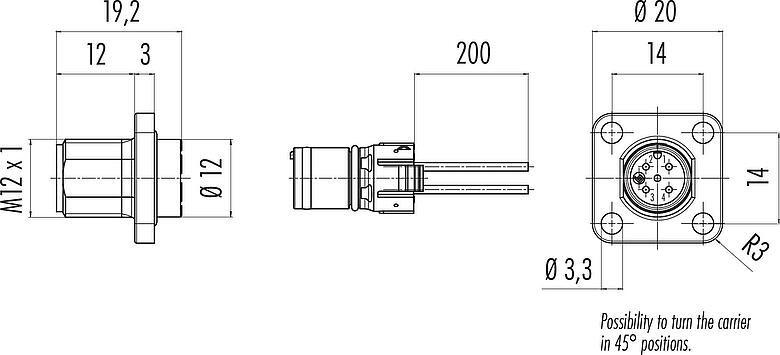 Scale drawing M12 Square male panel mount connector, Contacts: 8, unshielded, single wires, IP69k, IP68, IP67, UL 2238, M3 (4x), Front mounting, Square housing 20 mm, Positionable coding alignment