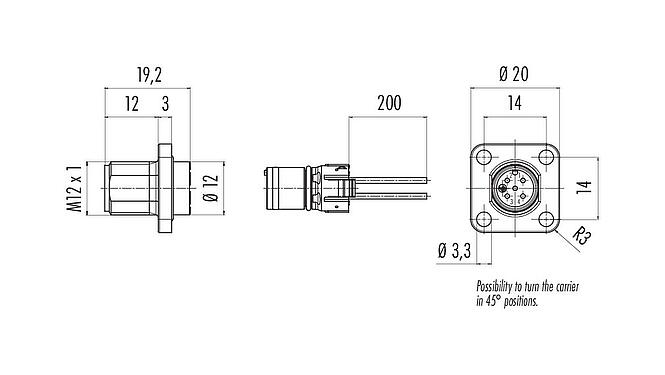 Dibujo a escala M12 Conector de montaje en panel macho cuadrado, Número de contactos: 4, sin blindaje, hilos, IP69k, IP68, IP67, UL 2238, M3 (4x), Montaje frontal, Carcasa cuadrada 20 mm, Alineación de codificación posicionable
