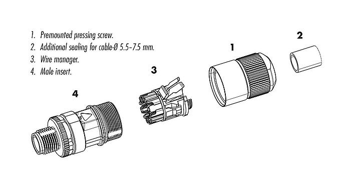 Komponentritning M12 Kabeluttag, antal poler: 8, 5,5-9,0 mm, kan skärmas, IDC, IP67