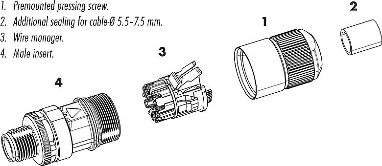 组件图纸 M12 直头孔头电缆连接器, 极数: 8, 5.5-9.0mm, 可接屏蔽, IDC, IP67