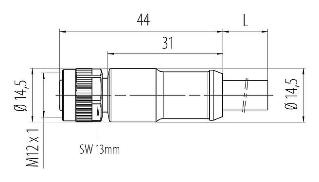 Schaaltekening M12 Kabeldoos, aantal polen: 3+PE, onafgeschermd, aan de kabel aangegoten, IP68, UL 2238, PUR, zwart, 4 x 1,50 mm², 5 m
