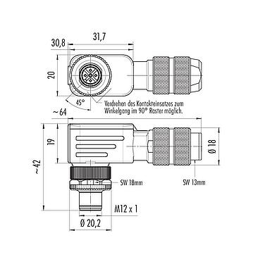Maßzeichnung M12 Winkelstecker, Polzahl: 5, 5,0-8,0 mm, schirmbar, schraubklemm, IP67, UL 2238, Irisfeder