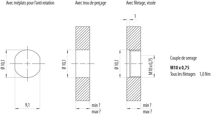 Instructions de montage / Découpe du panneau M8 Embase femelle, Contacts: 4, souder, IP67/IP69K, M10x0,75, Montage mural arrière, avec contacts à souder sur fils