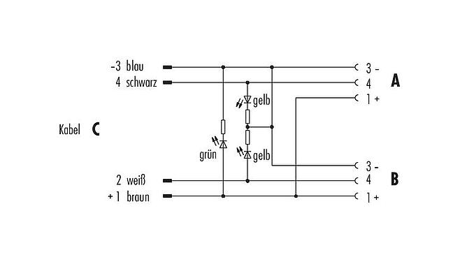 Belegungspläne M8 Zweifachverteiler, Y-Verteiler, Polzahl: 3, ungeschirmt, am Kabel angespritzt, IP68, UL 2238, PUR, schwarz, 4 x 0,25 mm², mit LED PNP, 2 m