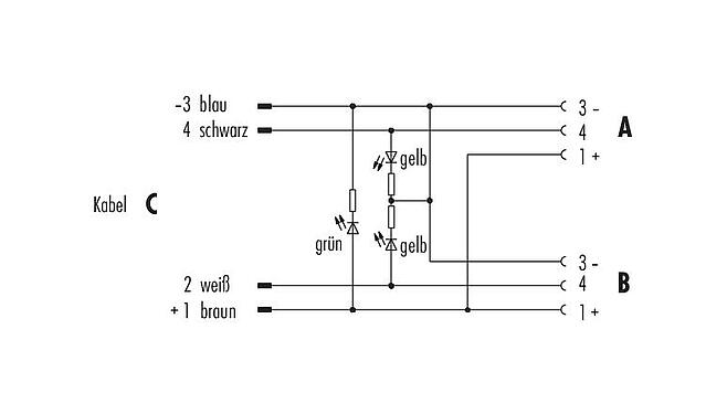 Belegungspläne 79 5232 33 04 - M8 Zweifachverteiler, Y-Verteiler, Polzahl: 3, ungeschirmt, am Kabel angespritzt, IP68, UL, PUR, schwarz, 4 x 0,25 mm², mit LED PNP, 2 m