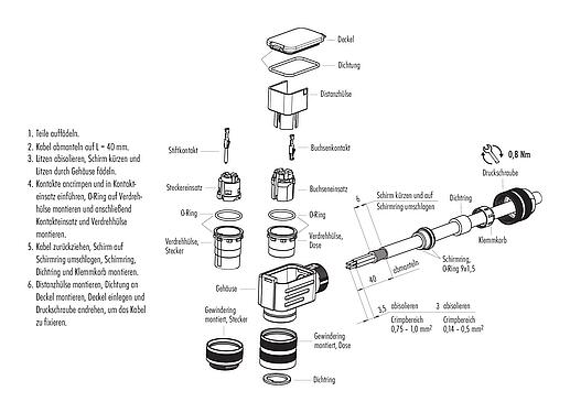 Montageanleitung 99 5609 750 04 - M16 Winkelstecker, Polzahl: 4 (04-a), 6,0-8,0 mm, schirmbar, crimpen (Crimpkontakte müssen separat bestellt werden), IP67, UL 2238