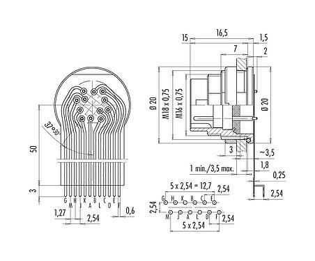 
          Anschluss & Maße
         09 0131 68 12 - M16 Flanschstecker, Polzahl: 12 (12-a), ungeschirmt, THT, IP68, AISG konform, von vorne verschraubbar
