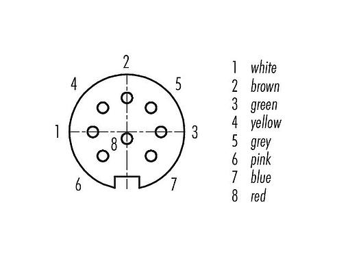 Disposition des contacts (Côté plug-in) M16 Connecteur femelle, Contacts: 8 (08-a), non blindé, surmoulé sur le câble, IP67, PUR, noir, 8 x 0,25 mm², 2 m