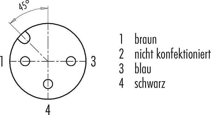 Polbild (Steckseite) M12 Kabeldose, Polzahl: 3, ungeschirmt, am Kabel angespritzt, IP68/IP69K, UL 2238, PVC, grau, 3 x 0,34 mm², mit LED PNP, 2 m