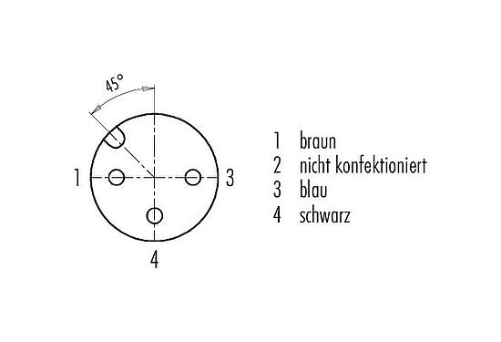 Polbild (Steckseite) M12 Kabeldose, Polzahl: 3, ungeschirmt, am Kabel angespritzt, IP68/IP69K, TMPU, selbstverlöschend, schwarz, 3 x 0,34 mm², 2 m