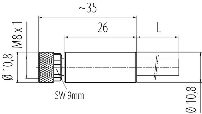 Dessin coté M8 Connecteur femelle, Contacts: 8, blindé, surmoulé sur le câble, IP67/IP69K, M8x1,0, PUR, noir, 8 x 0,25 mm², 2 m