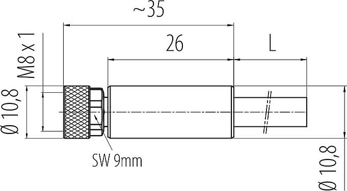 Méretarányos rajz M8 kábel aljzat, : 3, árnyékolt, kábelre öntött, IP67/IP69K, M8x1,0, PUR, fekete, 3 x 0,34 mm², 2 m