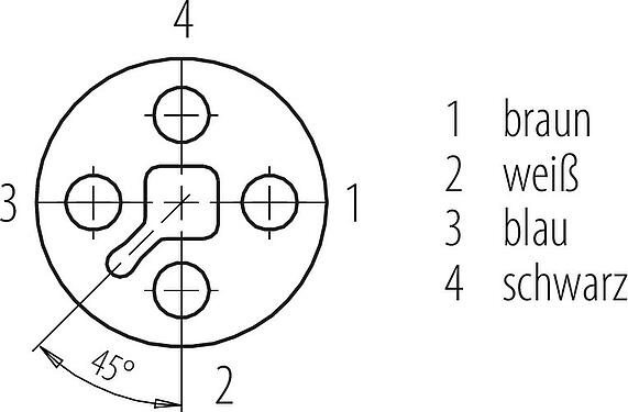 Polbild (Steckseite) M12 Flanschdose, Polzahl: 4, ungeschirmt, Litzen, IP68, UL 2238, M16x1,5, Frontmontage