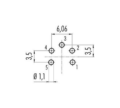 Leiterplattenlayout 09 0115 99 05 - M16 Flanschstecker, Polzahl: 5 (05-a), ungeschirmt, THT, IP67, UL, von vorne verschraubbar