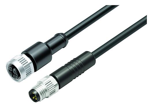 Illustration M12/M8 Female cable connector - Male cable connector, Contacts: 4, unshielded, moulded on the cable, IP67/IP69K, UL 2238, PUR, black, 4 x 0.34 mm², 1 m