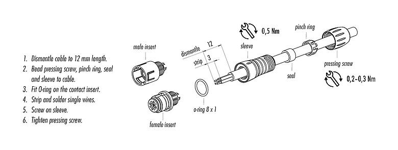 Istruzioni di montaggio 99 9206 070 03 - Snap-In Connettore cavo femmina, Numero poli: 3, 3,5-5,0 mm, non schermato, saldare, IP67, UL