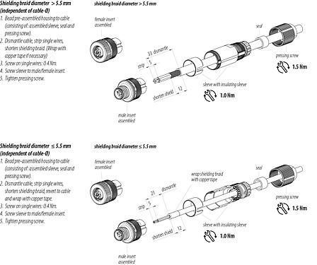 Montagehandleiding M12 Kabelstekker, aantal polen: 4, 8,0-9,0 mm, schermbaar, schroefklem, IP67, UL 2238, irisveer