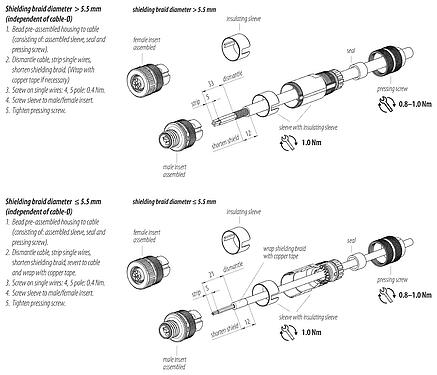 Instructions de montage 99 1632 812 04 - M12 Connecteur femelle, Contacts: 4, 8,0-9,0 mm, blindable, pince à visser, IP67, UL 2238