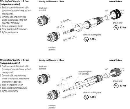 Assembly instructions M12 Male cable connector, Contacts: 4, 5.0-8.0 mm, shieldable, screw clamp, IP67, UL 2238, iris spring
