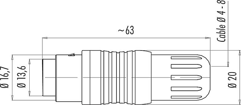 Disegno in scala Spingere Tirare Connettore cavo maschio, Numero poli: 19, 4,0-8,0 mm, schermabile, saldare, IP67