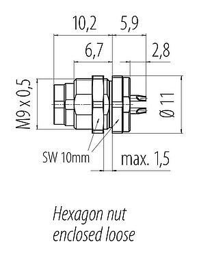 Schaaltekening M9 Male panel mount connector, aantal polen: 5, onafgeschermd, soldeer, IP40, M9x0,5, Achterwandmontage