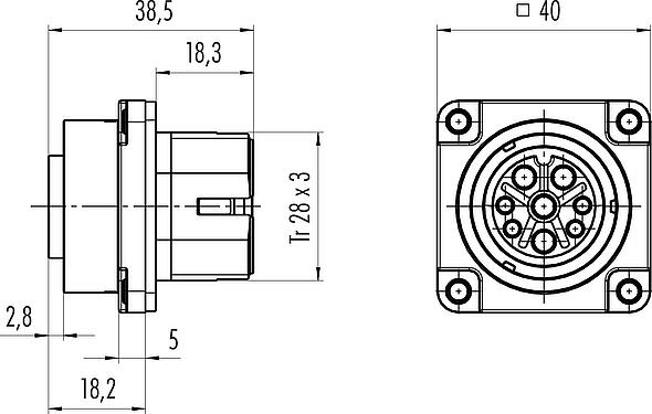 Dessin coté Baïonnette Embase femelle, Contacts: 4+3+PE, non blindé, sertir (Les contacts à sertir doivent être commandés séparément), IP68/IP69K, UL 2238, VDE, Montage frontal, résistant aux UV