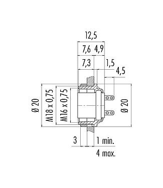 縮尺図 M16 メスパネルマウントコネクタ, 極数: 8 (08-a), 非シールド, はんだ, IP40, M18x0,75, 背面パネルマウント