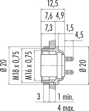 比例图 M16 孔头法兰座, 极数: 5 (05-b), 非屏蔽, 焊接, IP40, M18x0,75, 後壁安裝
