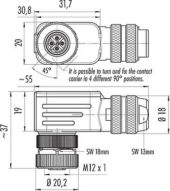 스케일 드로잉 M12 각진 소켓, 콘택트 렌즈: 4, 6.0-8.0mm, 차폐 가능, 나사 클램프, IP67, UL 2238, 아이리스 스프링