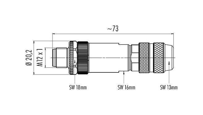 比例图 99 1433 810 04 - M12 直头针头电缆连接器, 极数: 4, 5.0-8.0mm, 可接屏蔽, 压接（压接触点必须单独订购）, IP67, UL