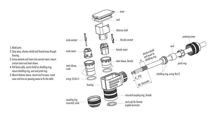 Instrukcja montażu M16 Zeńskie złącze kablowe kątowe, Kontaktów: 7 (07-a), 4,0-6,0 mm, do ekranowania, zaciskane (kontakty zaciskane należy zamawiać osobno), IP67, UL 2238