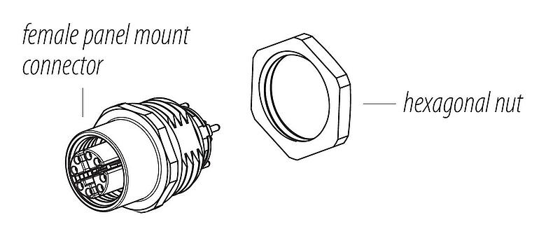 Montagehandleiding M12 Female panel mount connector, aantal polen: 8, schermbaar, THT, IP67, UL, M16x1,5, Frontaansluiting