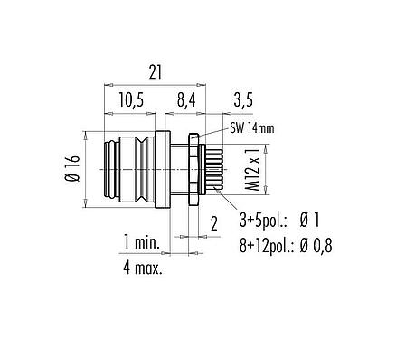 Bản vẽ tỷ lệ Snap-In Ổ cắm gắn bảng, Số lượng cực : 3, không có chống nhiễu, THT, IP67, M12x1,0, Gắn phía trước