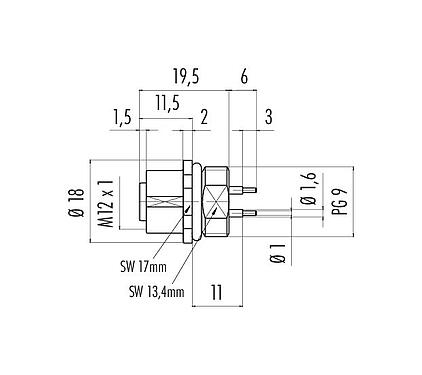 Scale drawing 09 3732 88 04 - Female panel mount connector, Contacts: 4, unshielded, THT, IP67, UL, PG 9