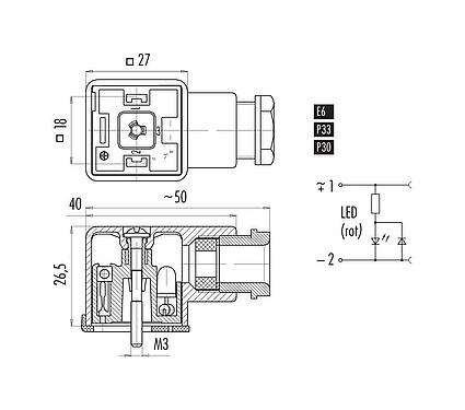 Maßzeichnung Gerätesteckdose, Polzahl: 2+PE, 8,0-10,0 mm, ungeschirmt, schraubklemm, IP40 ohne Dichtung, PG 11, Schaltung P30, mit LED PNP