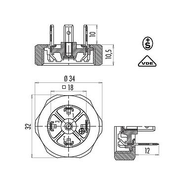 Dibujo a escala Conector de alimentación macho, Número de contactos: 2+PE, sin blindaje, soldadura, IP40 sin junta, VDE, ESTI+
