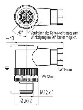 Maßzeichnung M12 Winkelstecker, Polzahl: 5, 4,0-6,0 mm, ungeschirmt, schraubklemm, IP67, UL 2238