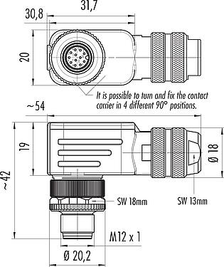 Bản vẽ tỷ lệ M12 Phích cắm bẻ góc, Số lượng cực : 12, 6,0-8,0mm, có thể che chắn, hàn, IP67, UL 2238, với vòng chắn